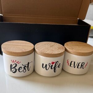 Best Wife Ever Ceramic Canister Set with Bamboo Lids - White & Natural